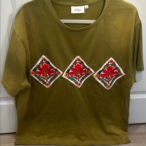 FOUND Olive Green Short Sleeve T-Shirt XL 💯 Cotton Triangle Patches Embroidered